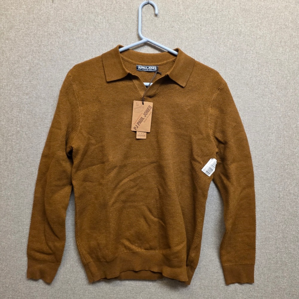 PJ Paul Jones Mens Waffle Knit Polo Sweater Brown Long Sleeve V-Neck Small NWT